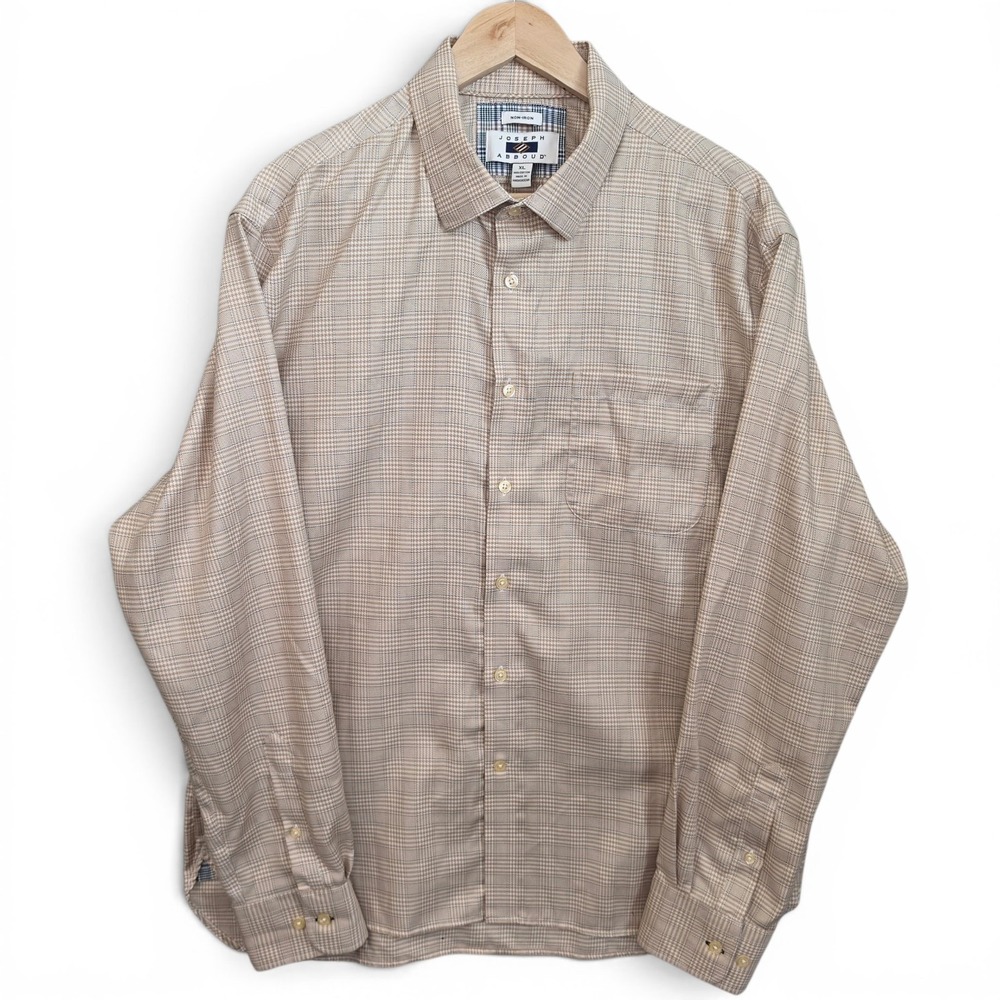 Joseph Abboud Shirt Mens XL Beige Button Plaid Non Iron Cotton Long Sleeve